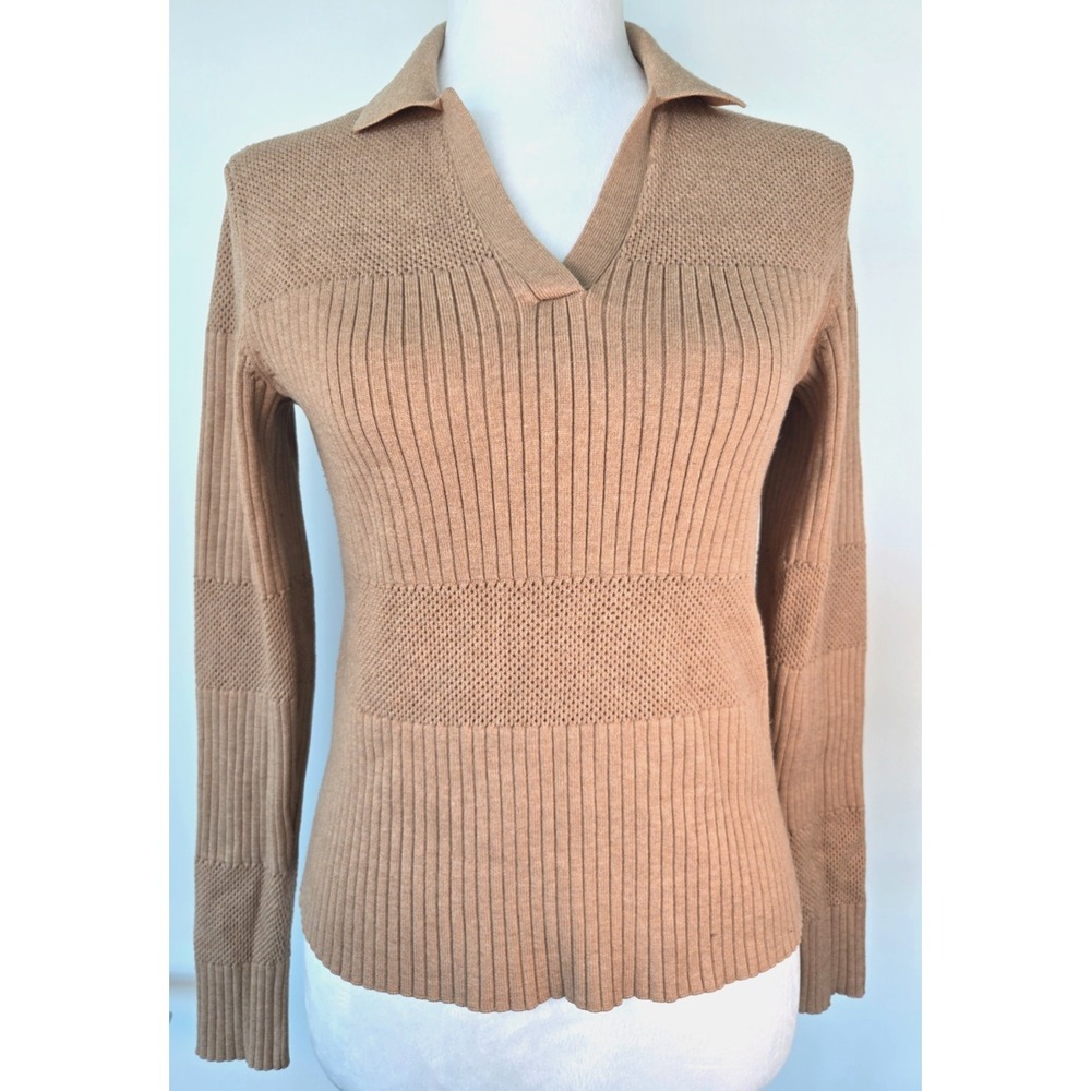 Club Monaco Long Sleeves Crochet Mesh Ribbed Knit Top Beige Tan Quiet Luxury